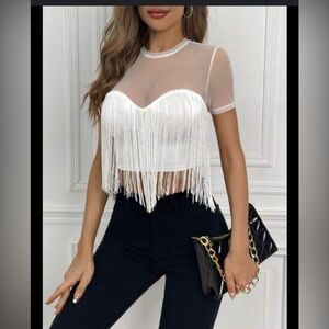SHEIN Privé Contrast Mesh Fringe Trim White Crop Top